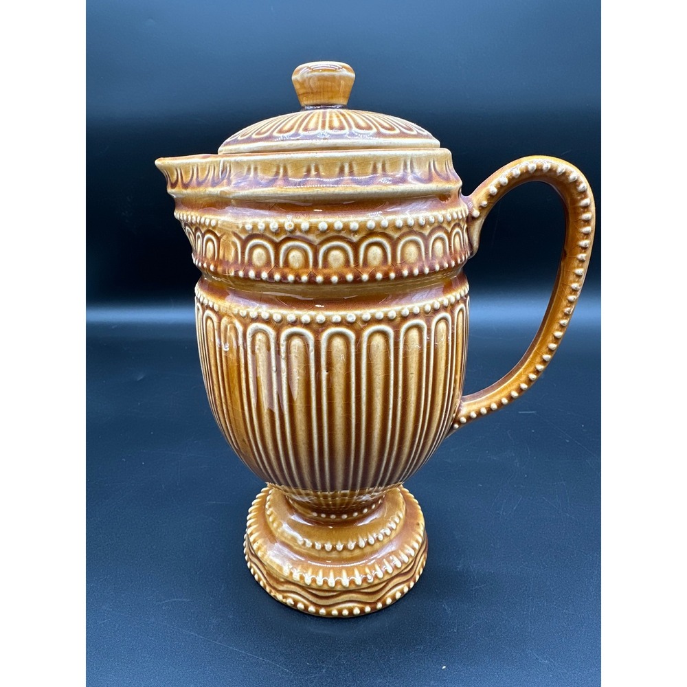 Vintage Harvest Gold Pedestal Pitcher Ribbed Ceramic Lidded‎ Retro Kitchen Decor